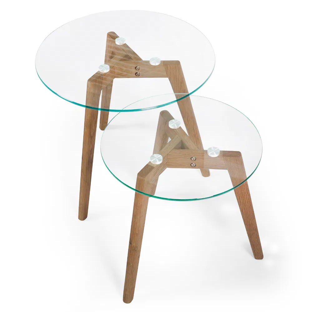 Bowler Glass Top Nest Of 2 Tables With Oak Wooden Legs