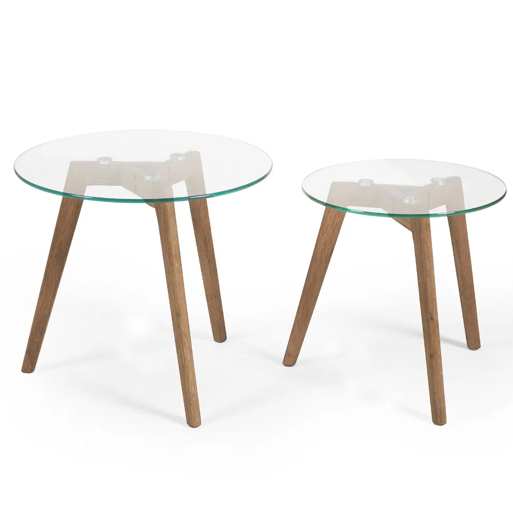 Bowler Glass Top Nest Of 2 Tables With Oak Wooden Legs