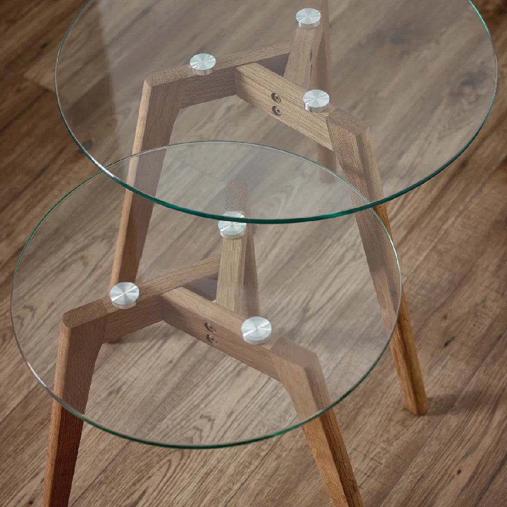 Bowler Glass Top Nest Of 2 Tables With Oak Wooden Legs