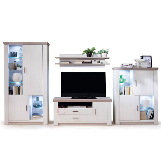 Bozen LED Living Room Set In Pine And White With Display Cabinet_2