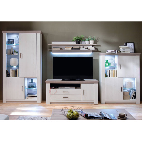 Bozen LED Living Room Set In Pine White With Display Cabinet | Furniture in Fashion