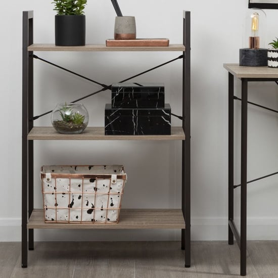 Photo of Bradken grey oak wooden 3 tier shelving unit with black frame