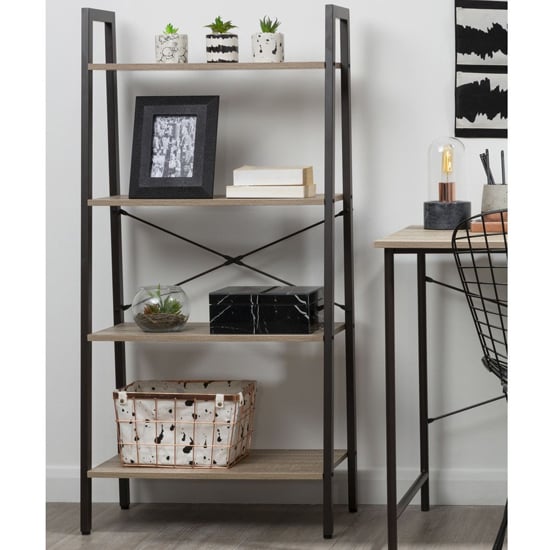 Product photograph of Bradken Grey Oak Wooden 4 Tier Shelving Unit With Black Frame from Furniture in Fashion