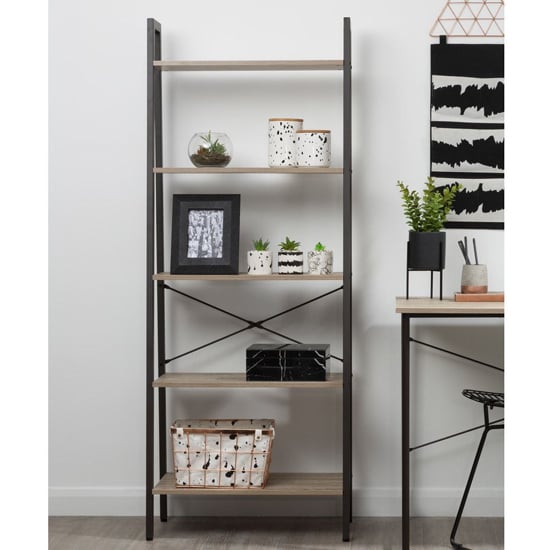 Photo of Bradken grey oak wooden 5 tier shelving unit with black frame