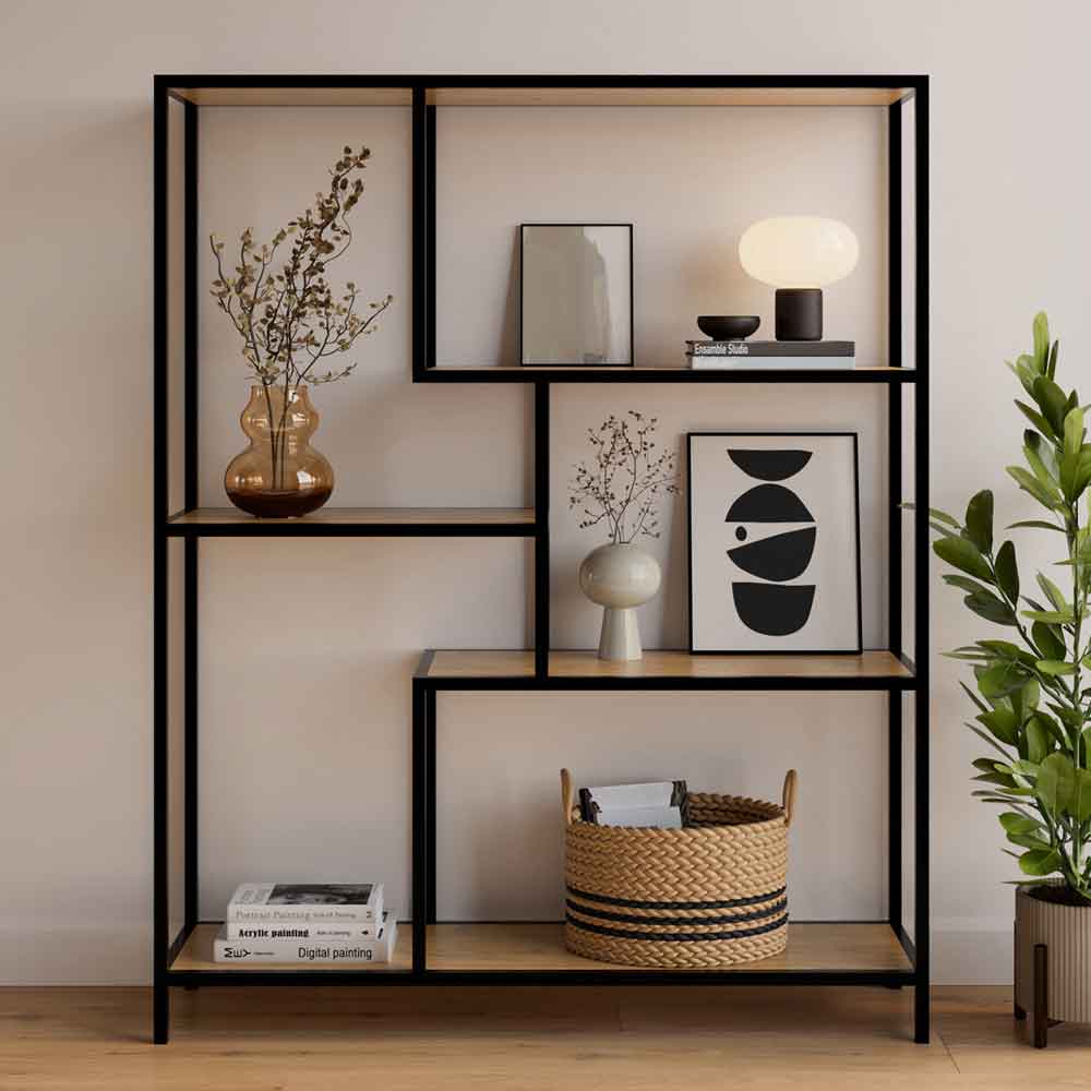 Brady Wooden Shelving Unit with Black Metal Frame in Wild Oak