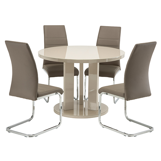 Brambee Glass Latte High Gloss Dining Table 4 Sako Taupe Chairs_1