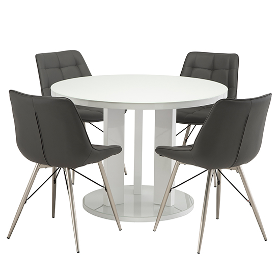 Brambee Glass White Dining Table 4 Serbia Grey Leather Chairs