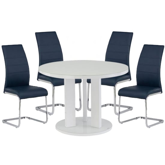 Brambee White Gloss Glass Dining Table, Round Glass Dining Table With Blue Chairs
