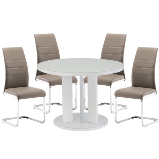 Brambee White Gloss Glass Dining Table And 4 Sako Taupe Chairs_1