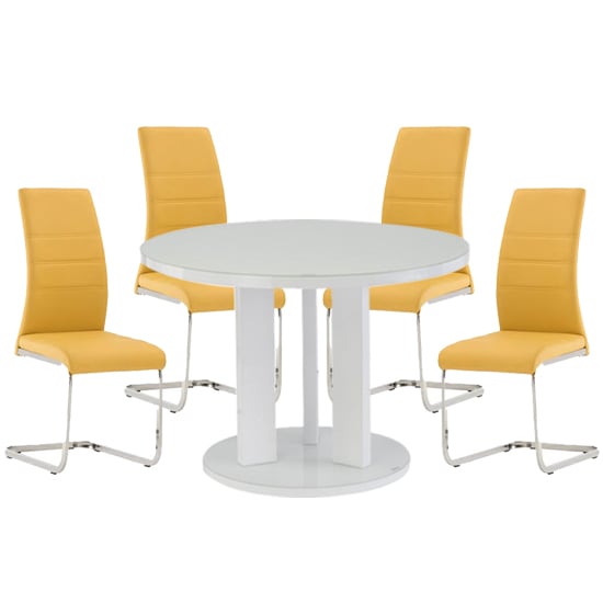 Brambly White Gloss Glass Dining Table And 4 Soho Yellow Chairs