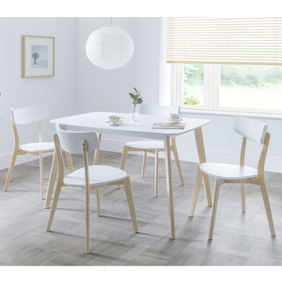 Calah Rectangular Wooden Dining Table In White With 4 Chairs_1