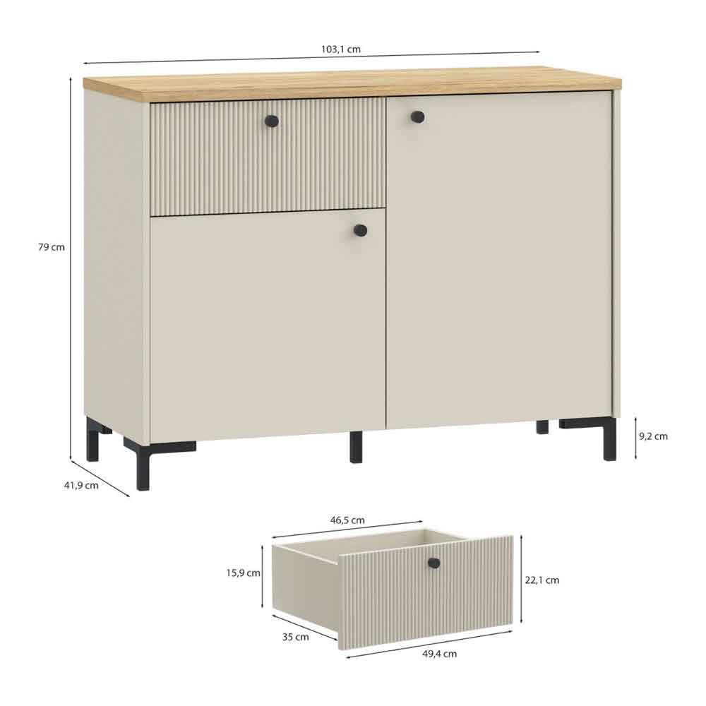 Bramley Wooden Sideboard 2 Doors 1 Drawer in Mauvella Oak and Sand