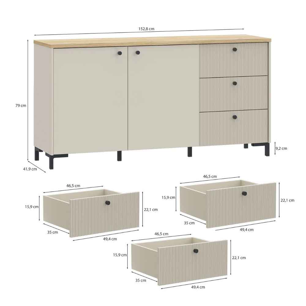 Bramley Wooden Sideboard 2 Doors 3 Drawers in Mauvella Oak and Sand