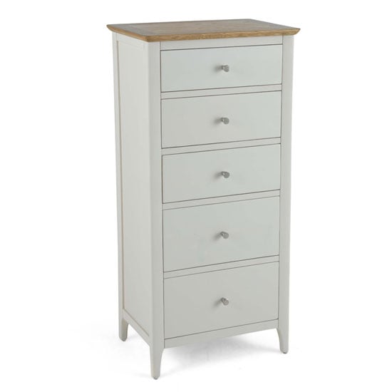 Photo of Brandy tall chest of drawers in off white and oak with 5 drawers