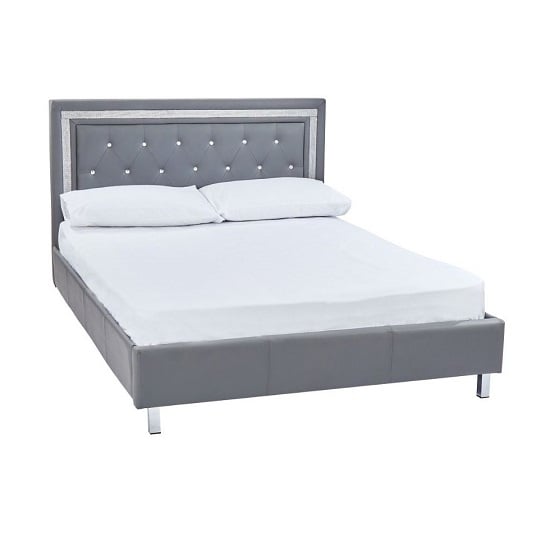 Chilwell Double Bed In Grey Faux Leather With Diamante