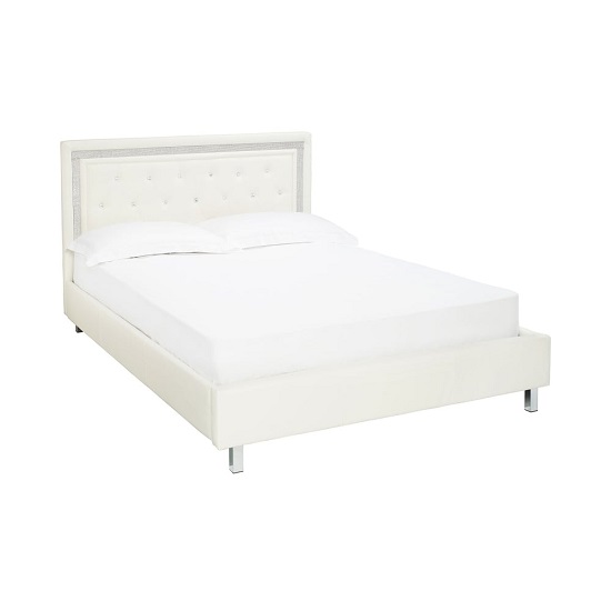 Chilwell King Size Bed In White Faux Leather With Diamante