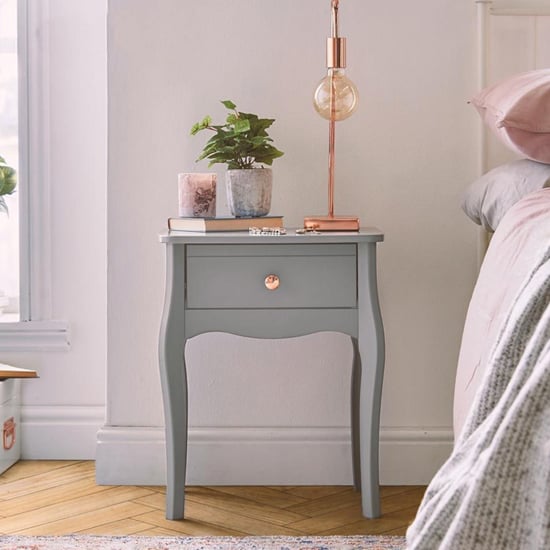 Read more about Braque wooden bedside table in grey with rose gold handles