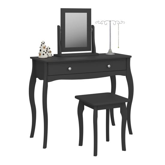 Product photograph of Braque Wooden Dressing Table With Mirror And Stool In Black from Furniture in Fashion