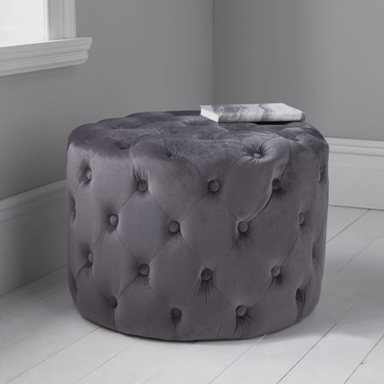 Read more about Brea round tufted velvet pouffe in grey