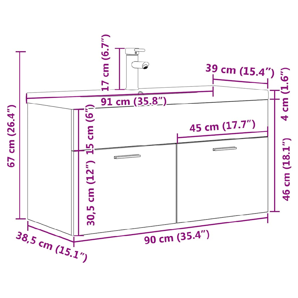 Breccia Wooden 90cm Vanity Unit With Faucet In Sonoma Oak