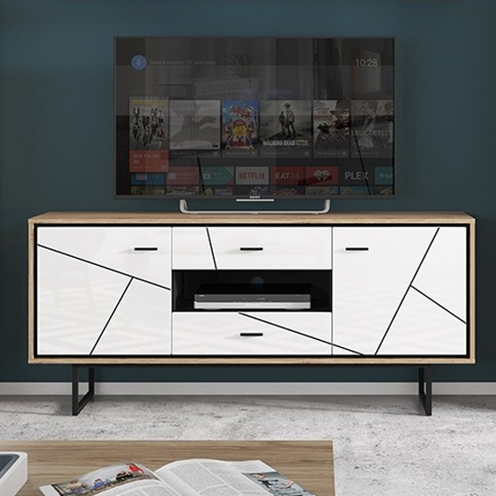 Brecon Wooden TV Sideboard In Walnut And White High Gloss