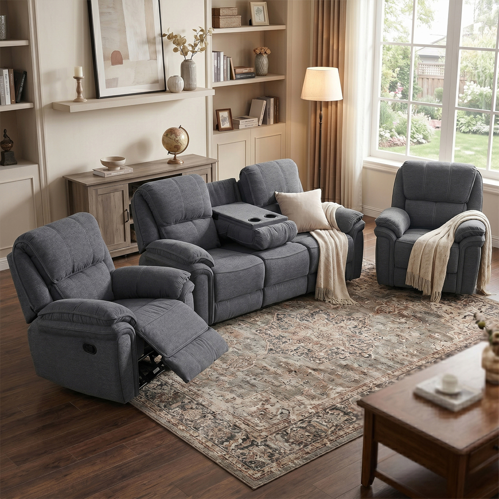 Brela Fabric Recliner 3+1+1 Seater Sofa Set In Grey