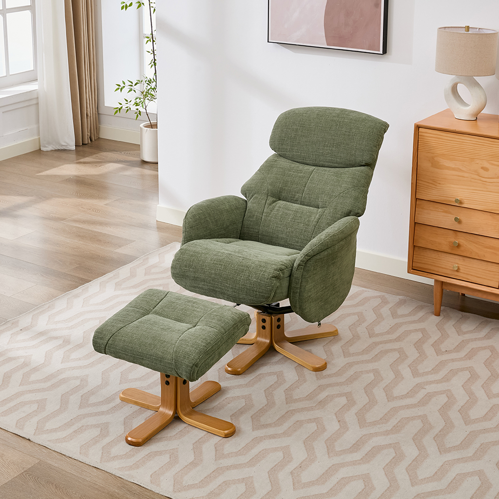 Brelon Fabric Swivel Recliner Chair with Footstool in Kellygreen
