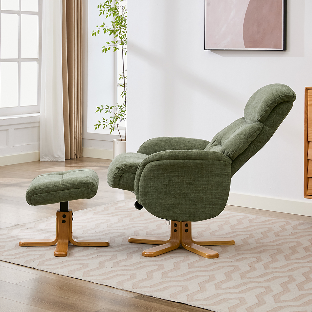 Brelon Fabric Swivel Recliner Chair with Footstool in Kellygreen
