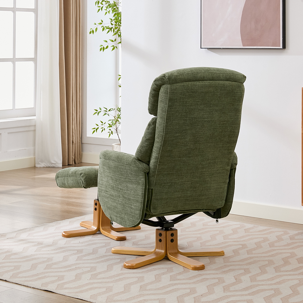 Brelon Fabric Swivel Recliner Chair with Footstool in Kellygreen