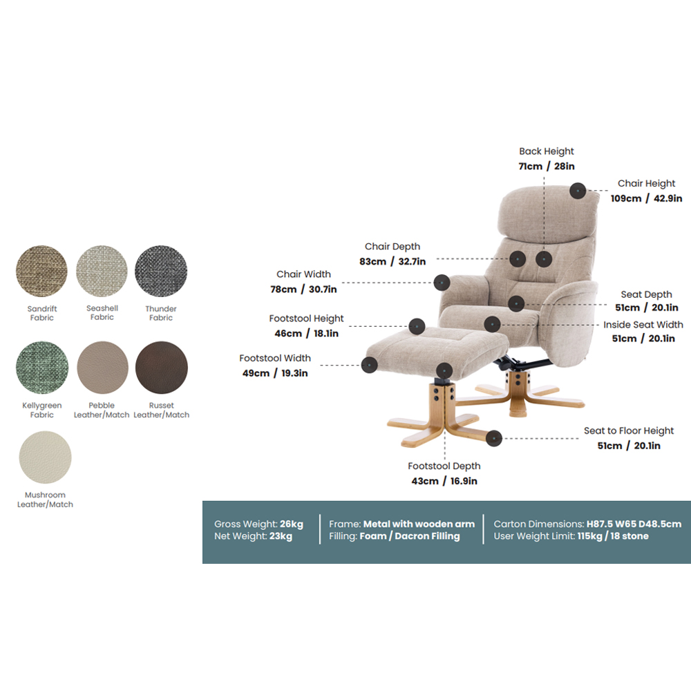 Brelon Fabric Swivel Recliner Chair with Footstool in Kellygreen