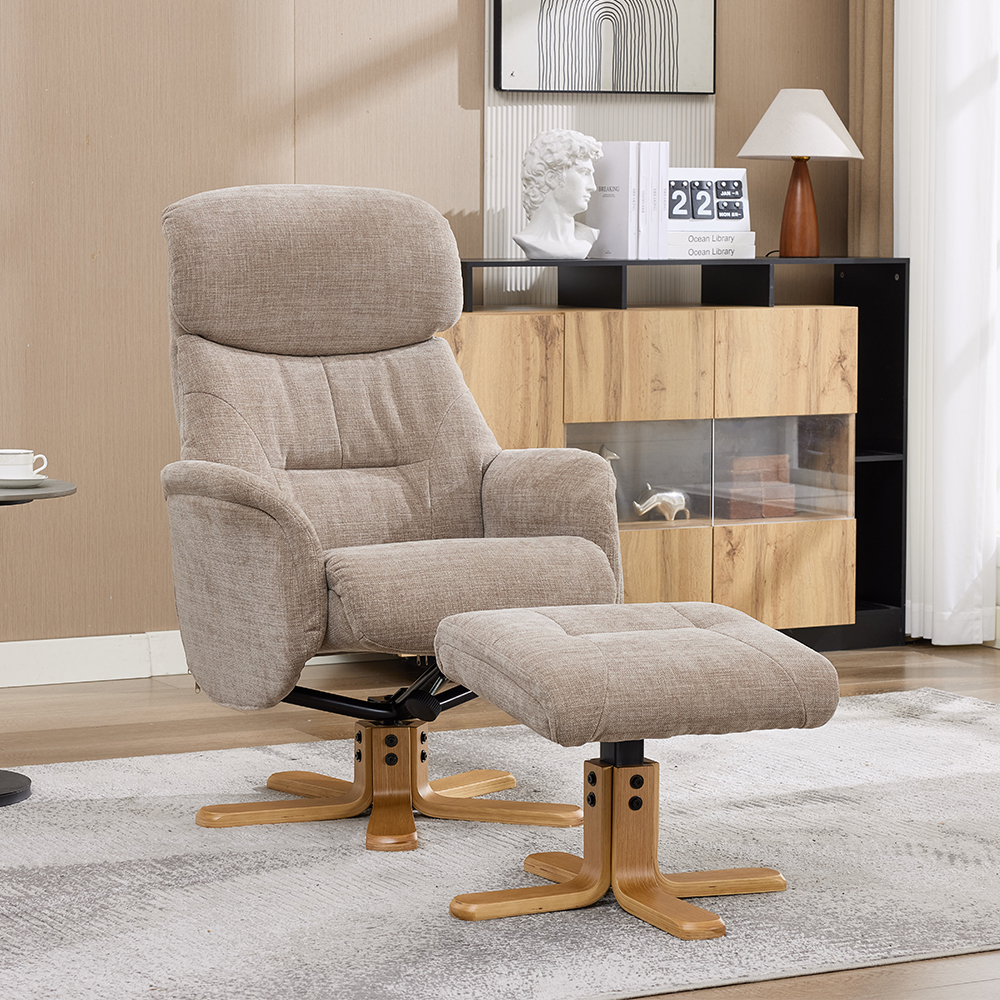 Brelon Fabric Swivel Recliner Chair with Footstool in Sandrift