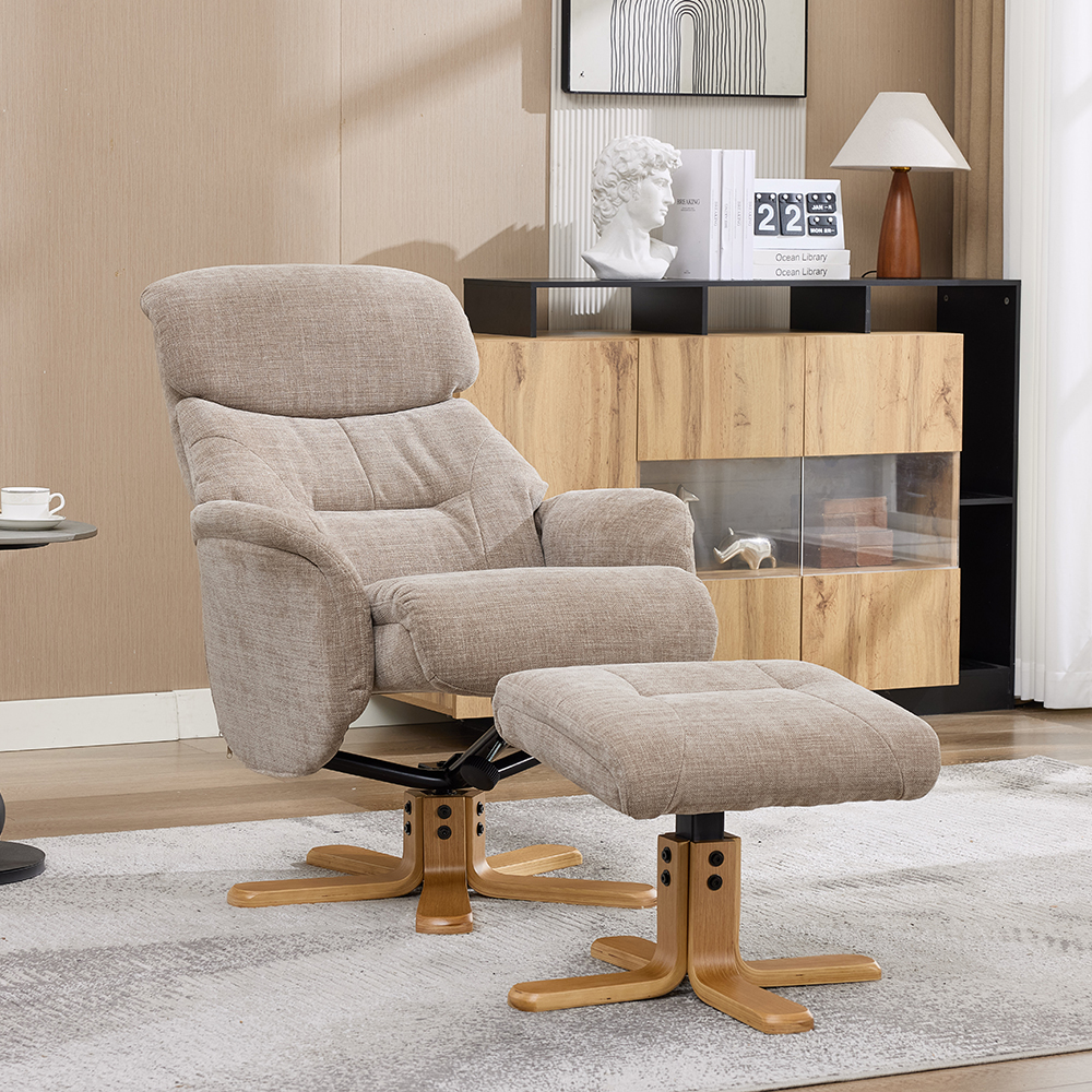Brelon Fabric Swivel Recliner Chair with Footstool in Sandrift