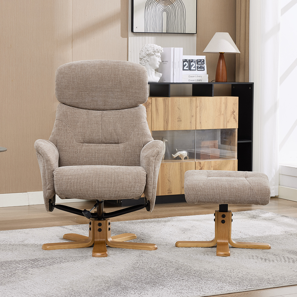 Brelon Fabric Swivel Recliner Chair with Footstool in Sandrift