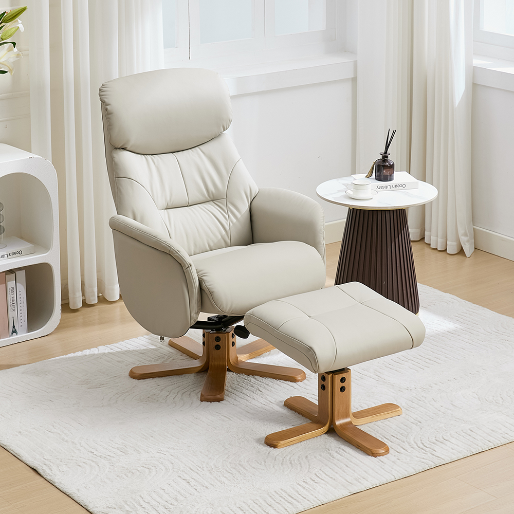 Brelon Leather Swivel Recliner Chair with Footstool in Mushroom