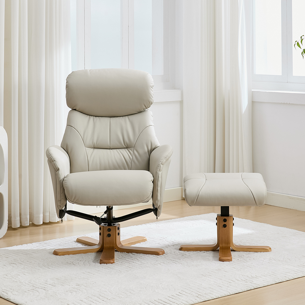 Brelon Leather Swivel Recliner Chair with Footstool in Mushroom