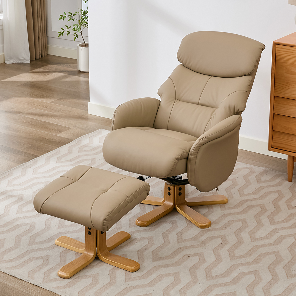 Brelon Leather Swivel Recliner Chair with Footstool in Pebble