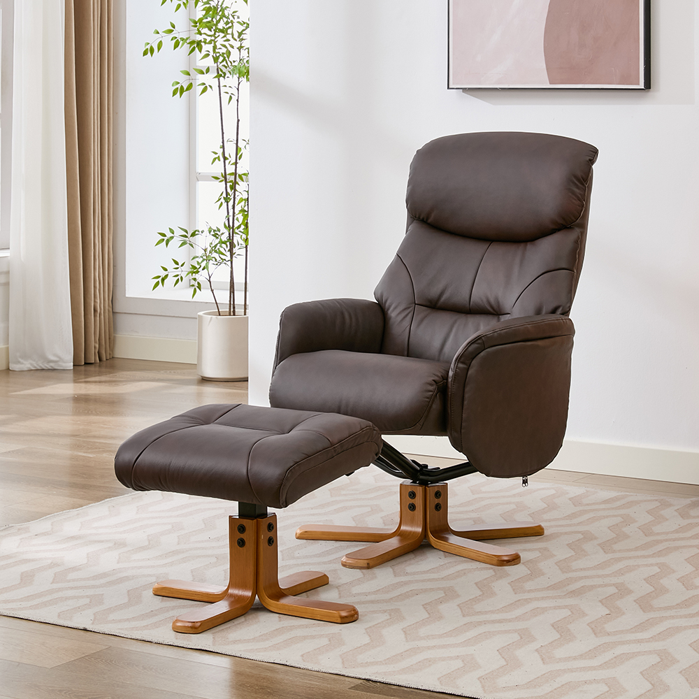 Brelon Leather Swivel Recliner Chair with Footstool in Russet