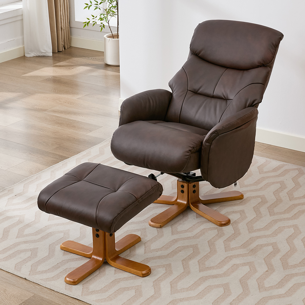 Brelon Leather Swivel Recliner Chair with Footstool in Russet
