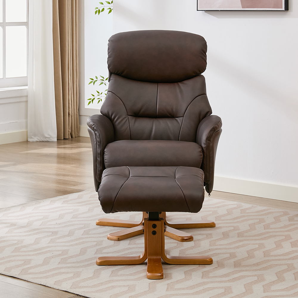Brelon Leather Swivel Recliner Chair with Footstool in Russet