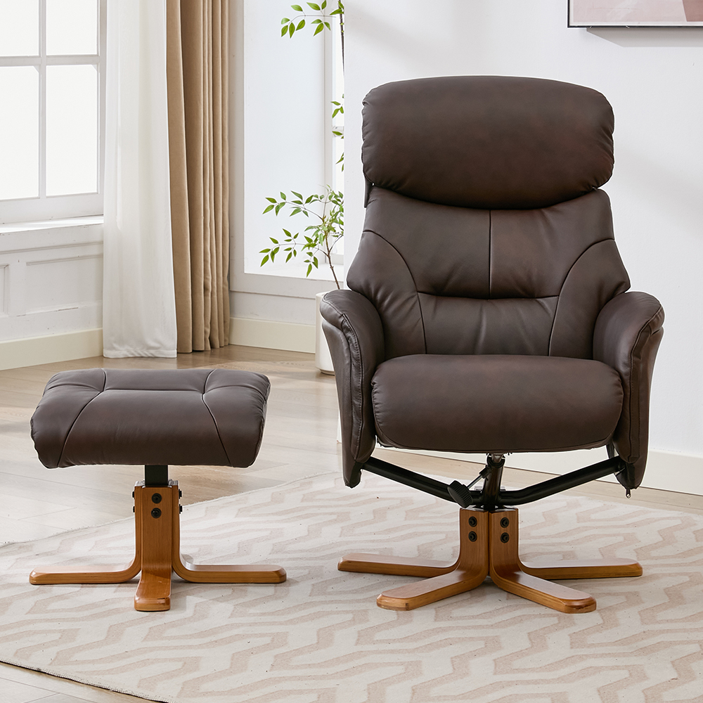 Brelon Leather Swivel Recliner Chair with Footstool in Russet