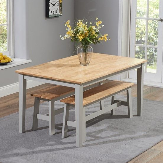 Ankila 150cm Wooden Dining Table With 2 Bench In Oak And Grey_2