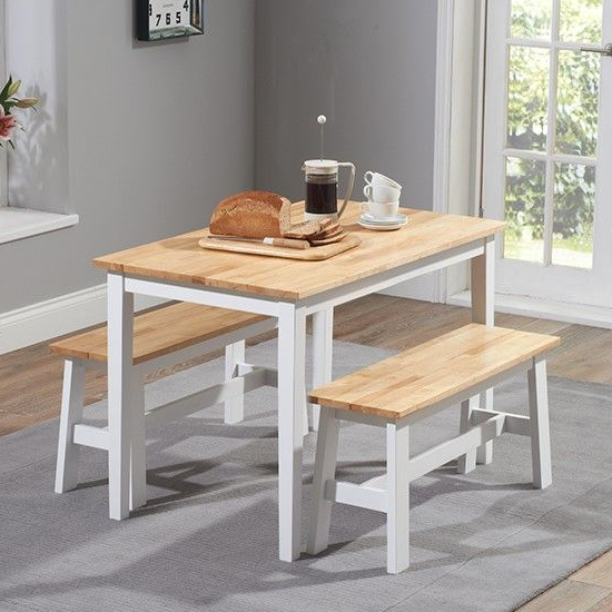 Ankila 115cm Wooden Dining Table With 2 Bench In Oak And White