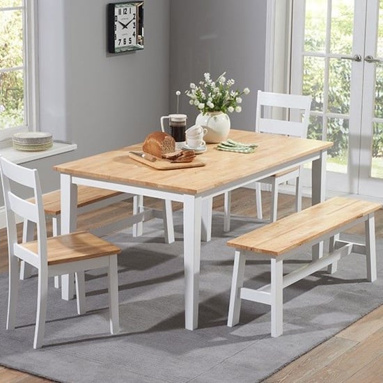 Ankila 150cm Dining Table With 2 Chair 2 Bench In Oak And White