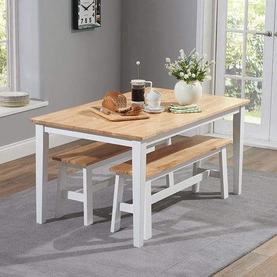 Ankila 150cm Wooden Dining Table With 2 Bench In Oak And White_2