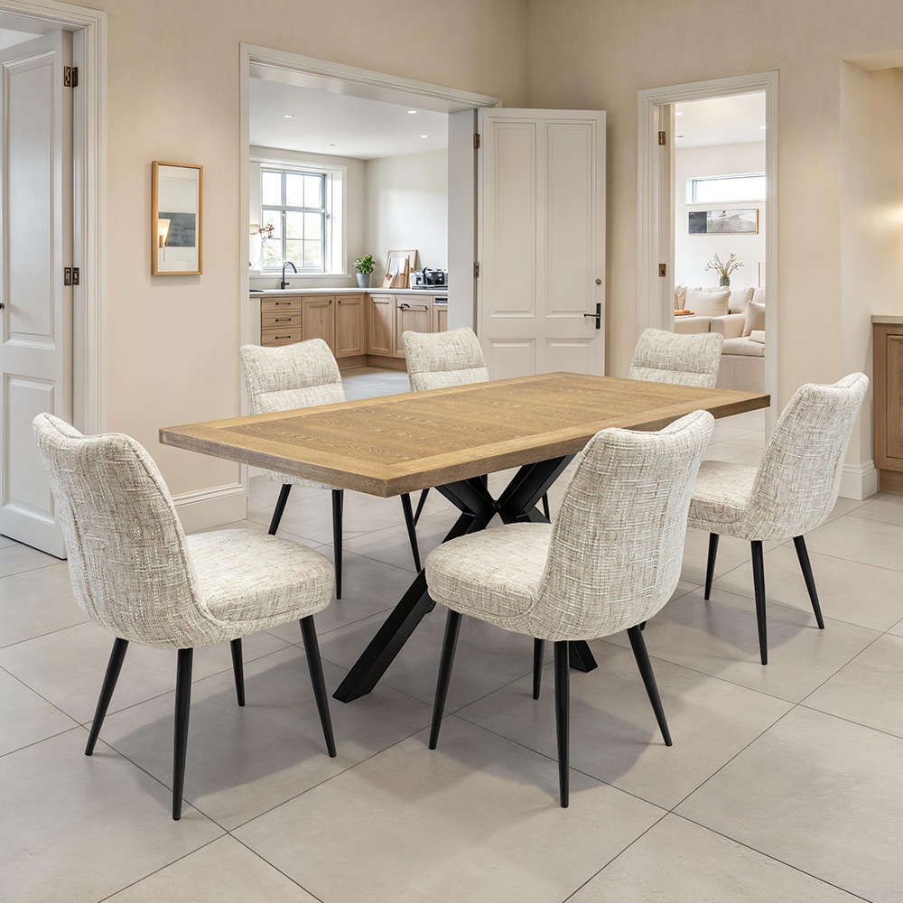 Breno Oak Veneer Dining Table with 6 Oatmeal Chairs
