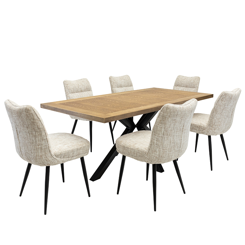 Breno Oak Veneer Dining Table with 6 Oatmeal Chairs