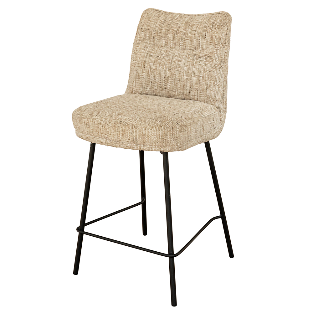 Breno Oatmeal Chenille Fabric Counter Bar Stools with Black Metal Legs in Pair
