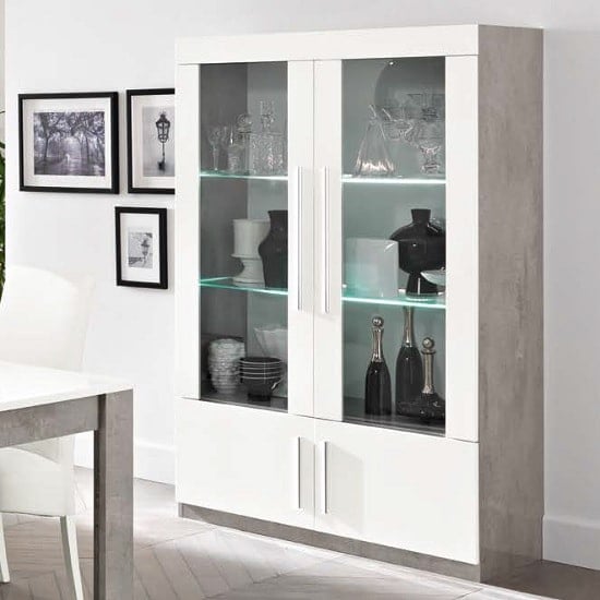 Product photograph of Breta Display Cabinet In White Gloss And Grey Marble Effect Led from Furniture in Fashion