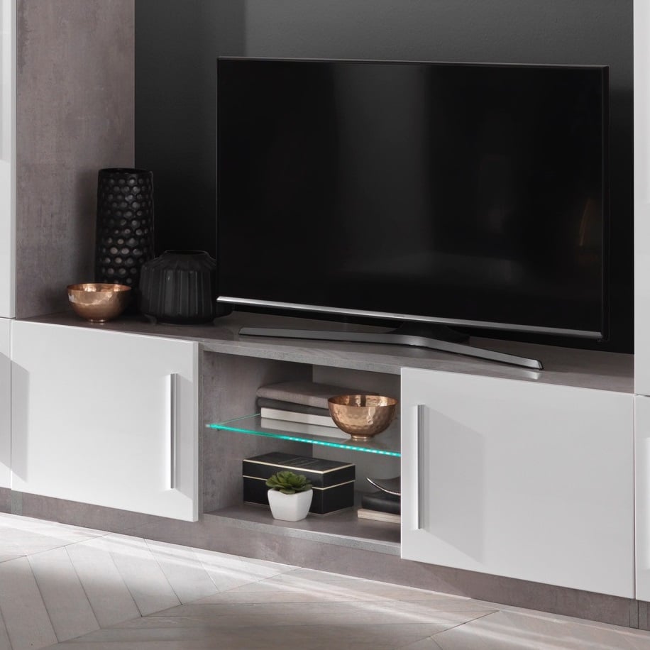 Breta TV Stand In Grey Marble Effect With White Gloss And LED