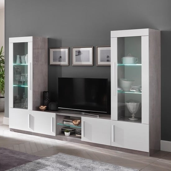 Breta TV Stand In Grey Marble Effect With White Gloss And LED_2